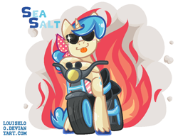 Size: 882x692 | Tagged: safe, artist:khimi-chan, oc, oc only, oc:sea salt, pony, unicorn, :p, base used, fire, horn, motorcycle, simple background, solo, sunglasses, tongue out, unicorn oc, unshorn fetlocks, white background