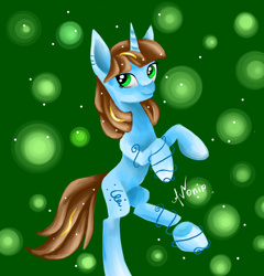 Size: 1008x1050 | Tagged: safe, artist:avonir, oc, oc only, pony, unicorn, abstract background, rearing, signature, smiling