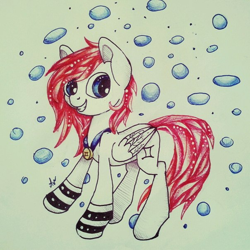 Size: 604x604 | Tagged: safe, artist:avonir, oc, oc only, pegasus, pony, bubble, female, mare, pegasus oc, signature, solo, traditional art, wings