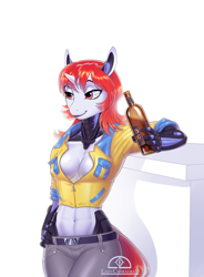 Size: 1822x2475 | Tagged: safe, artist:ladychimaera, oc, unicorn, anthro, absolute cleavage, amputee, beer bottle, bottle, breasts, cleavage, clothes, female, horn, midriff, prosthetic limb, prosthetics, simple background, smiling, solo, unicorn oc, white background