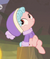 Size: 236x280 | Tagged: safe, screencap, cozy glow, frenemies (episode), g4, season 9, animated, cozybetes, cute, female, filly, foal, gif, pure concentrated unfiltered evil of the utmost potency, pure unfiltered evil, solo, tree stump