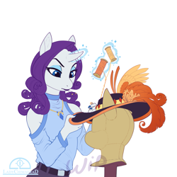 Size: 1125x1125 | Tagged: safe, artist:ladychimaera, rarity, unicorn, anthro, g4, carousel boutique, clothes, concentrating, cute, female, focusing, frown, glowing, glowing horn, hat, horn, levitation, lipstick, magic, mannequin, mare, raribetes, sewing, shoulderless, simple background, solo, telekinesis, thread, white background