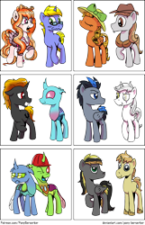 Size: 2450x3815 | Tagged: safe, artist:pony-berserker, oc, oc only, oc:berzie, oc:dopple, oc:final drive, oc:longhaul, oc:midnight blaze, oc:ornate fawn, oc:shadowed ember, oc:silver sickle, oc:slipstream, oc:southern comfort, oc:stainless key, oc:szafalesiaka, changedling, changeling, earth pony, pegasus, pony, unicorn, changeling oc, clothes, community collab, compilation, glasses, hat, high res, looking at each other, looking at someone, looking at the camera, scar, simple background, transparent background