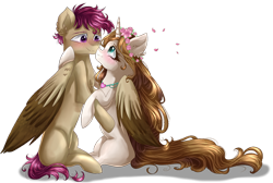 Size: 1024x689 | Tagged: safe, artist:gihhbloonde, oc, oc only, oc:condensed milk, oc:gihh bloonde, alicorn, pegasus, pony, alicorn oc, female, horn, hug, pegasus oc, simple background, smiling, transparent background, wings