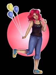 Size: 540x720 | Tagged: safe, artist:nifka22-02, pinkie pie, human, g4, balloon, better source needed, clothes, converse, cutie mark on clothes, female, humanized, jeans, looking at you, pants, peace sign, shoes, sneakers, solo, speedpaint available, tank top