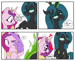 Size: 3442x2799 | Tagged: safe, artist:icey, princess cadance, queen chrysalis, changeling, changeling queen, pegasus, pony, g4, blushing, comic, cute, cutealis, cutedance, duo, duo female, female, heart, heart eyes, high res, infidelity, lesbian, mare, one eye closed, shapeshifting, ship:cadalis, shipping, simple background, tsundalis, tsundere, wingding eyes