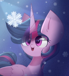 Size: 2000x2200 | Tagged: safe, artist:miryelis, twilight sparkle, alicorn, pony, g4, big eyes, cute, high res, horn, looking up, simple background, smiling, snow, snowflake, solo, twilight sparkle (alicorn), wings