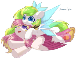 Size: 2500x2000 | Tagged: source needed, safe, artist:夏决明, oc, oc only, oc:tea fairy, pony, colored wings, eye clipping through hair, female, high res, mare, multicolored wings, one eye closed, open mouth, open smile, simple background, smiling, transparent background, underhoof, wings