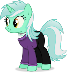 Size: 3755x4044 | Tagged: safe, artist:anime-equestria, lyra heartstrings, pony, unicorn, clothes, female, full body, happy, high res, horn, jewelry, mare, necklace, pants, shadow, simple background, smiling, solo, standing, sweater, tail, transparent background, two toned mane, two toned tail, vector
