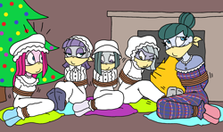 Size: 2100x1247 | Tagged: safe, artist:bugssonicx, cloudy quartz, limestone pie, marble pie, maud pie, pinkie pie, human, equestria girls, g4, bondage, bound and gagged, christmas, christmas lights, christmas nightgowns, christmas pajamas, christmas sleepwear, christmas tree, cloth gag, clothes, dress, female, fireplace, freshman, gag, hat, help us, holiday, living room, maudalina daisy pie, mother and child, mother and daughter, nightcap, nightgown, over the nose gag, pajamas, pie sisters, pillow, pinkamena diane pie, siblings, sisters, socks, tied up, tree, younger