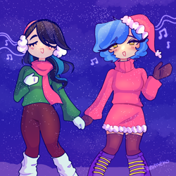 Size: 1280x1280 | Tagged: safe, artist:panimeko, coloratura, sapphire shores, human, g4, blushing, boots, caroling, christmas, clothes, cute, duo, earmuffs, eyes closed, female, gloves, hat, holiday, humanized, music notes, night, rara, santa hat, scarf, shoes, singing, snow, socks, stockings, sweater, thigh highs, winter