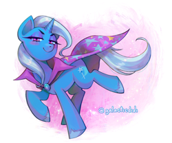 Size: 2100x1743 | Tagged: safe, artist:galacticdidi, trixie, pony, unicorn, g4, cape, clothes, eyebrows, eyelashes, female, horn, lidded eyes, looking at you, mare, pink background, simple background, smiling, smiling at you, smirk, smug, solo, sparkles, trixie's cape, unshorn fetlocks
