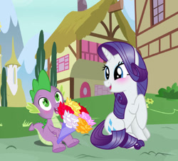 Size: 937x852 | Tagged: source needed, useless source url, safe, artist:sugarcubecreationz, edit, vector edit, rarity, spike, pony, unicorn, g4, bouquet of flowers, female, flower, male, ship:sparity, shipping, shipping fuel, straight, vector, vector used