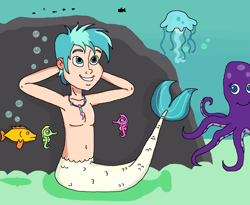 Size: 1668x1365 | Tagged: safe, artist:ocean lover, terramar, fish, human, jellyfish, merboy, merman, octopus, seahorse, g4, arm behind head, belly button, bubble, cute, disney style, fish tail, humanized, jewelry, looking up, male, mermaid tail, necklace, ocean, pearl necklace, rock, smiling, tail, terrabetes, underwater