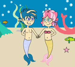 Size: 1413x1262 | Tagged: safe, artist:ocean lover, kettle corn, skeedaddle, fish, merboy, mermaid, starfish, g4, belly button, blushing, bra, bubble, chest, coral reef, cute, female, fish tail, holding hands, humanized, implied shipping, in love, kedaddle, kelp, kids, looking at each other, looking at someone, male, male nipples, mermaid tail, mermaidized, nipples, nudity, ocean, seashell bra, seaweed, shipping, species swap, straight, tail, underwater