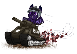 Size: 7016x4961 | Tagged: safe, artist:khaki-cap, oc, oc only, bat pony, bat pony oc, cannon, commission, dirt, dust, fangs, fast, happy, raffle, raffle prize, simple background, tank (vehicle), team fortress 2, transparent background, twitter link, wings, wings down, ych result