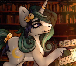 Size: 960x833 | Tagged: safe, artist:saltytangerine, oc, oc:mystic the wise, pony, unicorn, bells, book, bookshelf, bow, green hair, horn, horn ring, library, next generation, parent:clover the clever, parent:star swirl the bearded, purple eyes, reading, ring, tail, tail bow, unicorn oc