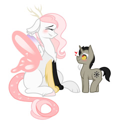 Size: 1280x1309 | Tagged: source needed, useless source url, safe, artist:sugarcubecreationz, discord, oc, oc:sweetheart, draconequus, pony, unicorn, g4, blushing, butterfly wings, canon x oc, cute, female, floating heart, heart, male, ms paint, photo, ponified, shipping, simple background, size difference, species swap, stallion, straight, white background, wings