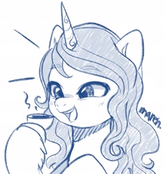 Size: 1953x2048 | Tagged: safe, artist:maren, izzy moonbow, pony, unicorn, g5, my little pony: a new generation, cup, doodle, female, food, horn, mare, open mouth, solo, tea