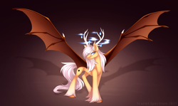 Size: 1815x1084 | Tagged: safe, artist:scarlet-spectrum, artist:scarlett-sketches, oc, oc only, oc:silver veil, bat pony, pony, antlers, bat pony oc, concave belly, large wings, long tail, slender, solo, spread wings, tail, thin, wings