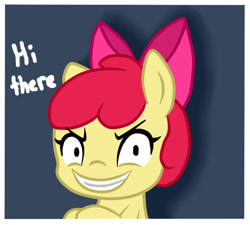 Size: 1000x900 | Tagged: safe, artist:arielsbx, apple bloom, earth pony, pony, ask little applebloom, g4, dialogue, emoji challenge, evil smile, female, filly, grin, looking at you, simple background, smiling, solo