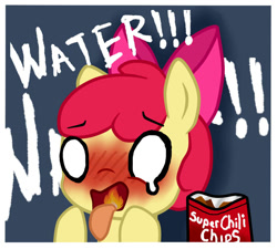 Size: 1000x900 | Tagged: safe, artist:arielsbx, apple bloom, earth pony, pony, ask little applebloom, g4, chips, dialogue, emoji challenge, female, filly, fire, food, simple background, solo, spicy, tongue out