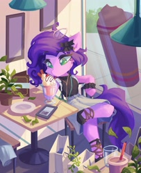Size: 3331x4096 | Tagged: safe, artist:saxopi, pipp petals, pegasus, semi-anthro, g5, my little pony: a new generation, arm hooves, bow, clothes, drinking, food, glasses, headphones, ice cream, leaves, milkshake, paper bag, phone, plant, shoes, skirt, solo, vase
