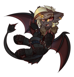 Size: 1485x1563 | Tagged: safe, artist:star-theft, oc, oc only, bat pony, pony, armor, belt, boots, claws, clothes, ear piercing, earring, eye clipping through hair, eyebrows, eyebrows visible through hair, female, jacket, jewelry, looking at you, mare, open mouth, open smile, piercing, shoes, simple background, smiling, solo, spread wings, transparent background, wings