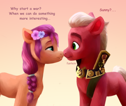 Size: 2320x1949 | Tagged: safe, artist:fantein, sprout cloverleaf, sunny starscout, earth pony, pony, g5, my little pony: a new generation, adventure in the comments, bedroom eyes, boop, braid, couple, emperor sprout, female, female on male, flower, flower in hair, looking at each other, looking at someone, male, mare, mare on stallion, medals, noseboop, ship:sunnyclover, shipping, simple background, stallion, straight
