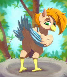 Size: 2000x2298 | Tagged: safe, artist:dinoalpaka, oc, oc only, oc:amber, avian, harpy, monster pony, original species, pony, beak, butt, commission, female, high res, nest, solo, talons, tree