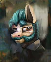 Size: 1140x1380 | Tagged: safe, artist:richmay, hitch trailblazer, earth pony, pony, g5, my little pony: a new generation, alcoholism, beard, bust, crossover, disco elysium, facial hair, male, older, ponified, portrait, smiling, smirk, stallion