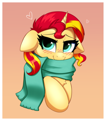 Size: 3353x3843 | Tagged: safe, artist:confetticakez, sunset shimmer, pony, unicorn, g4, blushing, clothes, cute, female, floppy ears, happy, high res, looking at you, mare, scarf, shimmerbetes, smiling, solo, weapons-grade cute