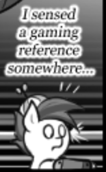 Size: 315x507 | Tagged: safe, artist:vavacung, edit, button mash, earth pony, pony, comic:out of chrysalis, g4, spoiler:comic, caption, cropped, gaming, hat, image macro, nintendo switch, no pupils, solo, text