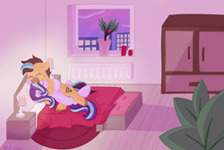 Size: 1024x683 | Tagged: safe, artist:exobass, starlight glimmer, oc, oc:steppi, pegasus, pony, unicorn, g4, bed, bedroom, blanket, candle, canon x oc, cloud, cuddling, dawn, eye clipping through hair, eyelashes, eyes closed, female, floppy ears, folded wings, indoors, lying down, male, on side, pegasus oc, pillow, plant, sky, smiling, straight, window, wings