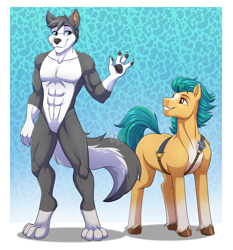 Size: 4000x4300 | Tagged: safe, artist:jack-pie, hitch trailblazer, earth pony, pony, wolf, anthro, digitigrade anthro, g5, my little pony: a new generation, absurd resolution, commission, duo, featureless crotch, furry, male, muscles, passepartout, paw pads, smiling, stallion