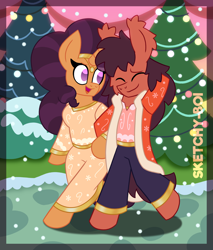 Size: 3400x4000 | Tagged: safe, artist:snakeythingy, saffron masala, oc, oc:sketchy dupe, anthro, semi-anthro, unguligrade anthro, g4, arm hooves, canon x oc, christmas, female, hearth's warming eve, holiday, male, story included, straight