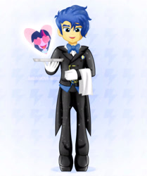 Size: 1600x1916 | Tagged: safe, artist:jucamovi1992, flash sentry, twilight sparkle, human, equestria girls, g4, alternate hairstyle, butler, clothes, female, handsome, heart, heart eyes, inset, male, male focus, serving tray, ship:flashlight, shipping, solo focus, straight, wingding eyes