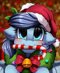 Size: 1446x1764 | Tagged: safe, artist:pridark, part of a set, oc, oc only, bat pony, pony, candy, candy cane, christmas, commission, fangs, food, hat, holiday, part of a series, santa hat, solo, ych result