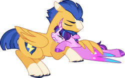 Size: 714x445 | Tagged: safe, artist:rickysocks, flash sentry, oc, oc:starburst shine, alicorn, pegasus, pony, g4, base used, comforting, crying, curved horn, duo, father and child, father and daughter, female, horn, hug, lying down, male, mare, offspring, parent:flash sentry, parent:twilight sparkle, parents:flashlight, prone, simple background, transparent background, winghug, wings