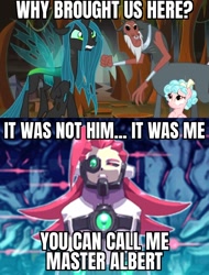 Size: 1024x1344 | Tagged: safe, edit, edited screencap, screencap, cozy glow, lord tirek, queen chrysalis, centaur, changeling, pegasus, pony, robot, taur, g4, the beginning of the end, caption, crossover, image macro, master albert, mega man (series), megaman zx, megaman zx advent, reploid, text