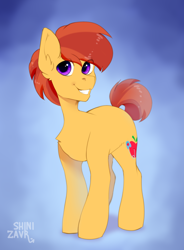 Size: 1080x1464 | Tagged: safe, artist:shinizavr, oc, oc only, earth pony, pony, chest fluff, ear fluff, earth pony oc, eye clipping through hair, full body, male, purple eyes, smiling, solo, stallion, standing, tail, watermark