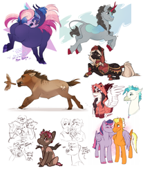 Size: 3193x3855 | Tagged: safe, artist:royvdhel-art, oc, oc only, bird, classical hippogriff, hippogriff, pegasus, pony, unicorn, butt, clothes, female, high res, horn, hug, mare, partial color, pegasus oc, plot, running, simple background, sketch, sketch dump, unicorn oc, white background, winghug, wings