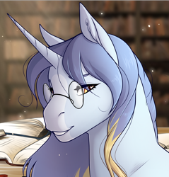 Size: 1054x1101 | Tagged: safe, alternate version, artist:royvdhel-art, oc, oc only, pony, unicorn, book, bust, female, glasses, horn, mare, smiling, unicorn oc