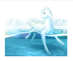 Size: 3487x2894 | Tagged: safe, artist:royvdhel-art, oc, oc only, pegasus, pony, caustics, high res, looking back, passepartout, pegasus oc, solo, swimming, swimming pool, underwater, wings