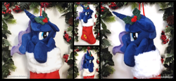 Size: 3780x1754 | Tagged: safe, artist:peruserofpieces, princess luna, alicorn, pony, g4, christmas, christmas stocking, cute, female, floppy ears, garland, hiding behind hooves, holiday, holly, horn, looking at you, lunabetes, mare, peruserofpieces is trying to murder us, shy, solo, wings