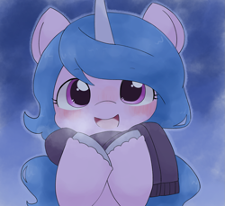 Size: 1707x1564 | Tagged: safe, artist:ginmaruxx, izzy moonbow, pony, unicorn, g5, my little pony: a new generation, blushing, breath, bust, clothes, cute, female, izzybetes, looking at you, mare, scarf, solo, winter