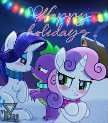 Size: 1600x1817 | Tagged: safe, artist:theretroart88, rarity, spike, sweetie belle, dragon, pony, unicorn, g4, angry, anti-shipping, blushing, boop, chimney, christmas, christmas lights, clothes, crossed arms, dumped, female, foal, furious, happy holidays, hmph, holiday, horn, house, jealous, lights, looking at each other, looking at someone, looking away, male, night, noseboop, pouting, scarf, ship:sparity, shipping, smoke, snow, straight, text, winter