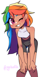 Size: 708x1100 | Tagged: safe, artist:pyukumeru, rainbow dash, human, g4, adorasexy, breasts, clothes, compression shorts, cute, dark skin, dashabetes, humanized, leaning forward, looking at you, one eye closed, sexy, signature, simple background, smiling, solo, sports bra, white background, wink