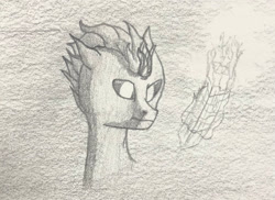 Size: 2176x1588 | Tagged: safe, artist:knightngame, oc, oc:quantum, changeling, fire, minecraft, photo, sketch, solo, traditional art