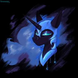 Size: 2000x2000 | Tagged: safe, artist:kirasunnight, nightmare moon, alicorn, pony, g4, armor, black background, bust, ethereal mane, female, frown, helmet, high res, horn, jewelry, lidded eyes, mare, nose piercing, nose ring, peytral, piercing, simple background, slit pupils, solo